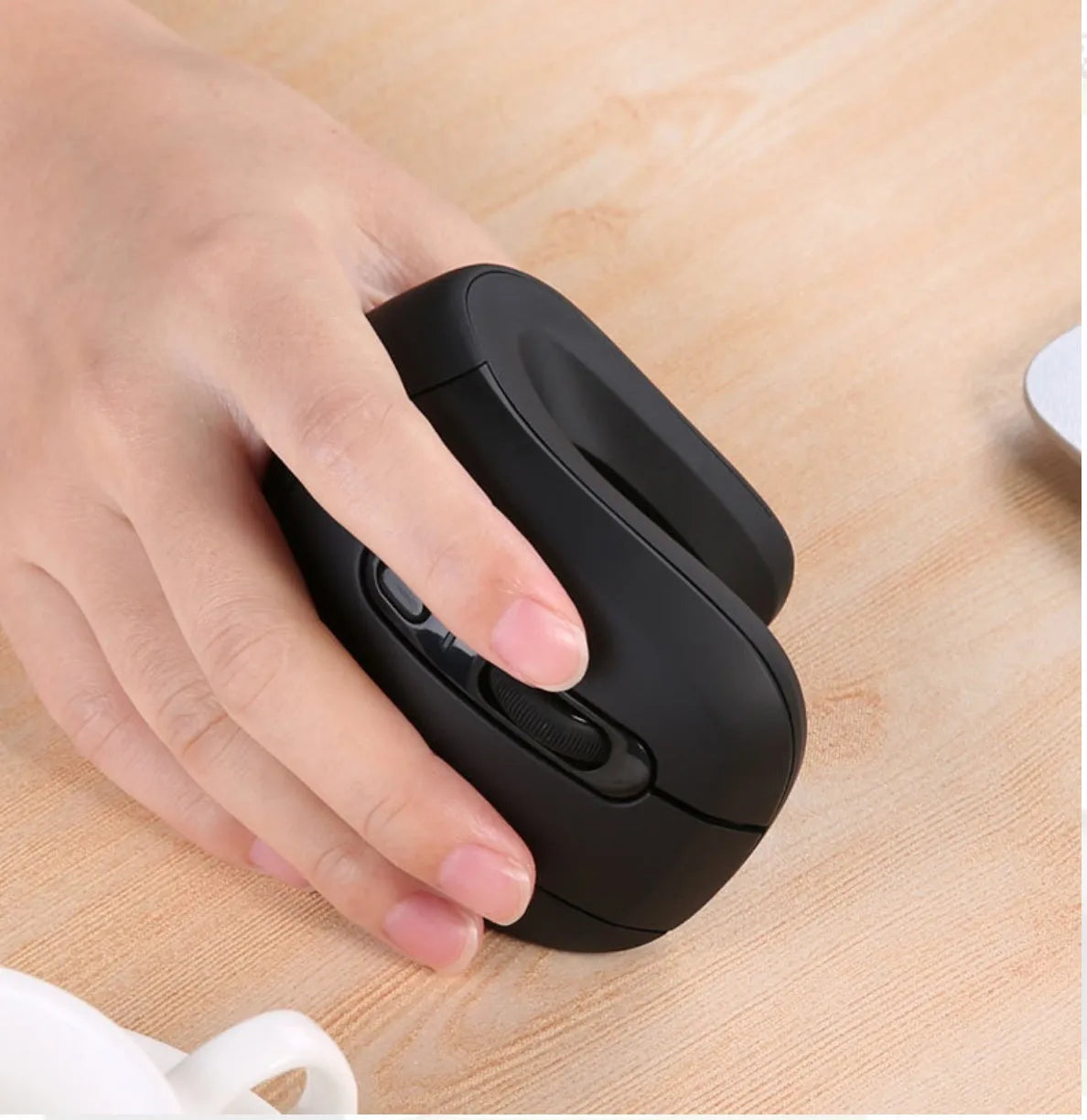 Black wireless vertical mouse with six buttons, extended wrist rest, diamond-pattern waist and adjustable DPI