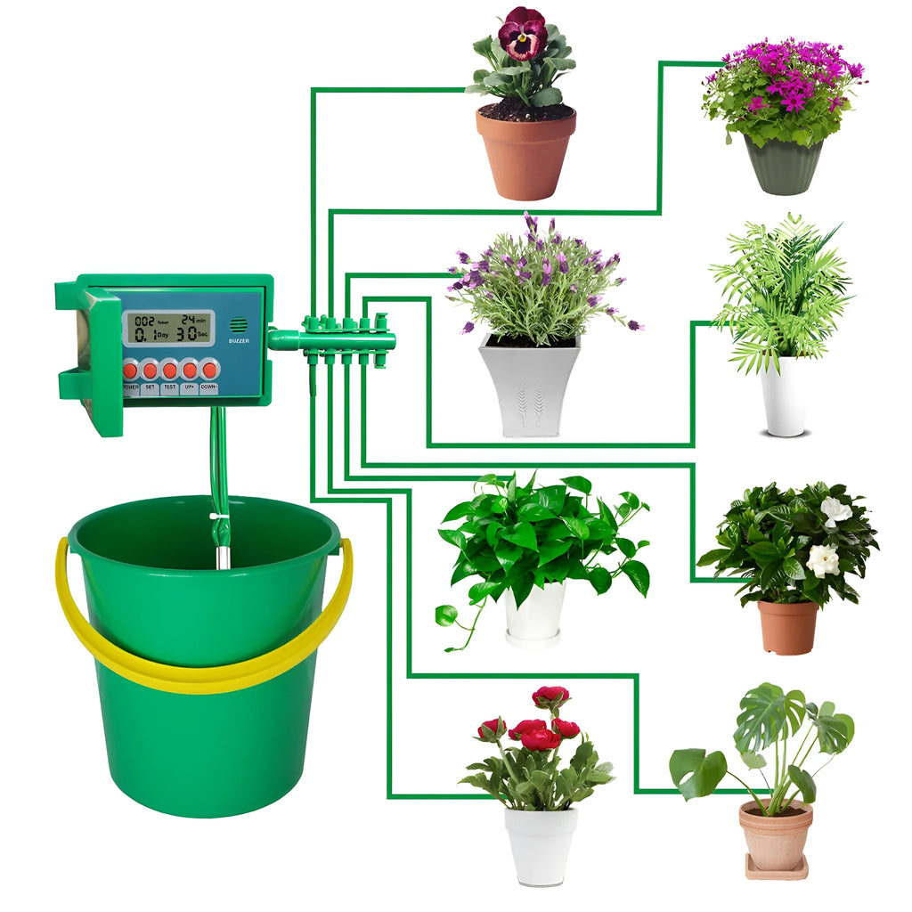 Green automatic micro drip irrigation kit with smart controller, 10m vinyl tube and 10 steel pegs