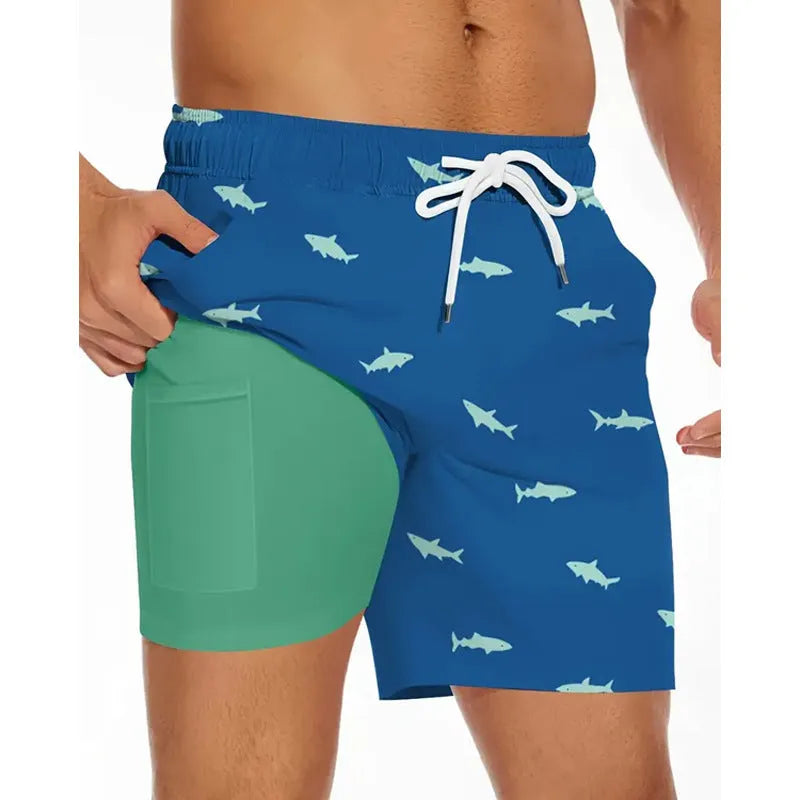 Men's loose fit polyester beach pants in a solid colour on a size chart background.