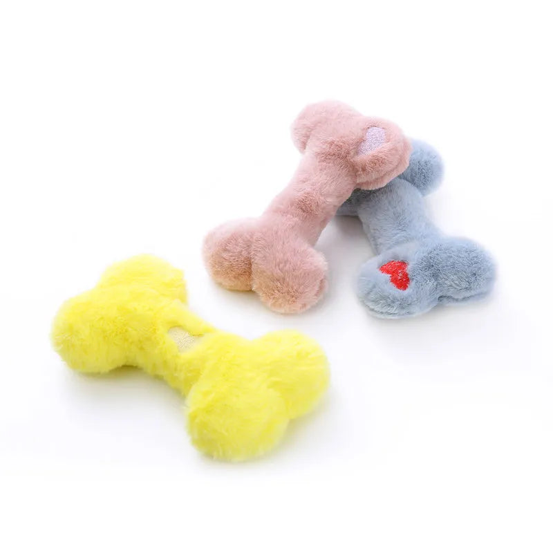 Love bone shaped plush dog toy in blue, pink or yellow colours with vocal interactive features