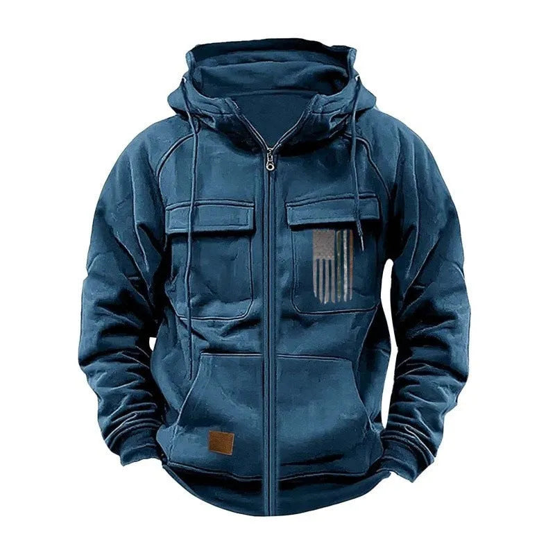 Men's loose fit hooded sweatshirt with zip, long sleeves, polyester fabric, available in multiple colours