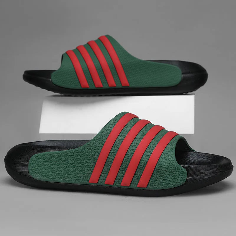 Casual unisex PVC and EVA slippers in beige, black and white, blue and white, and green colours.