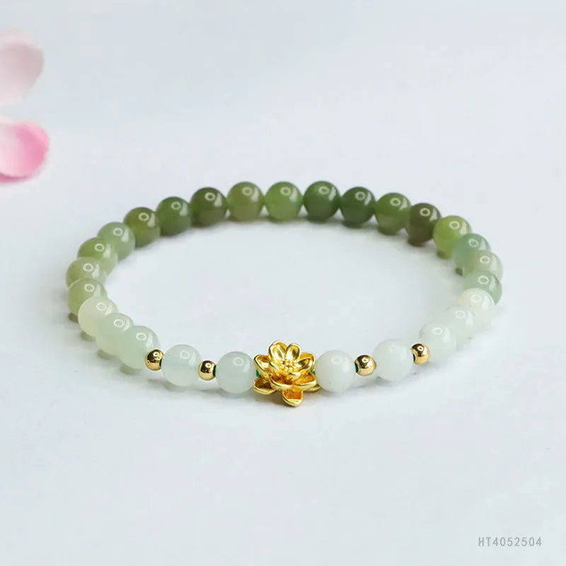 Hand-woven Hetian jade bracelet with water gradient colour and floral design