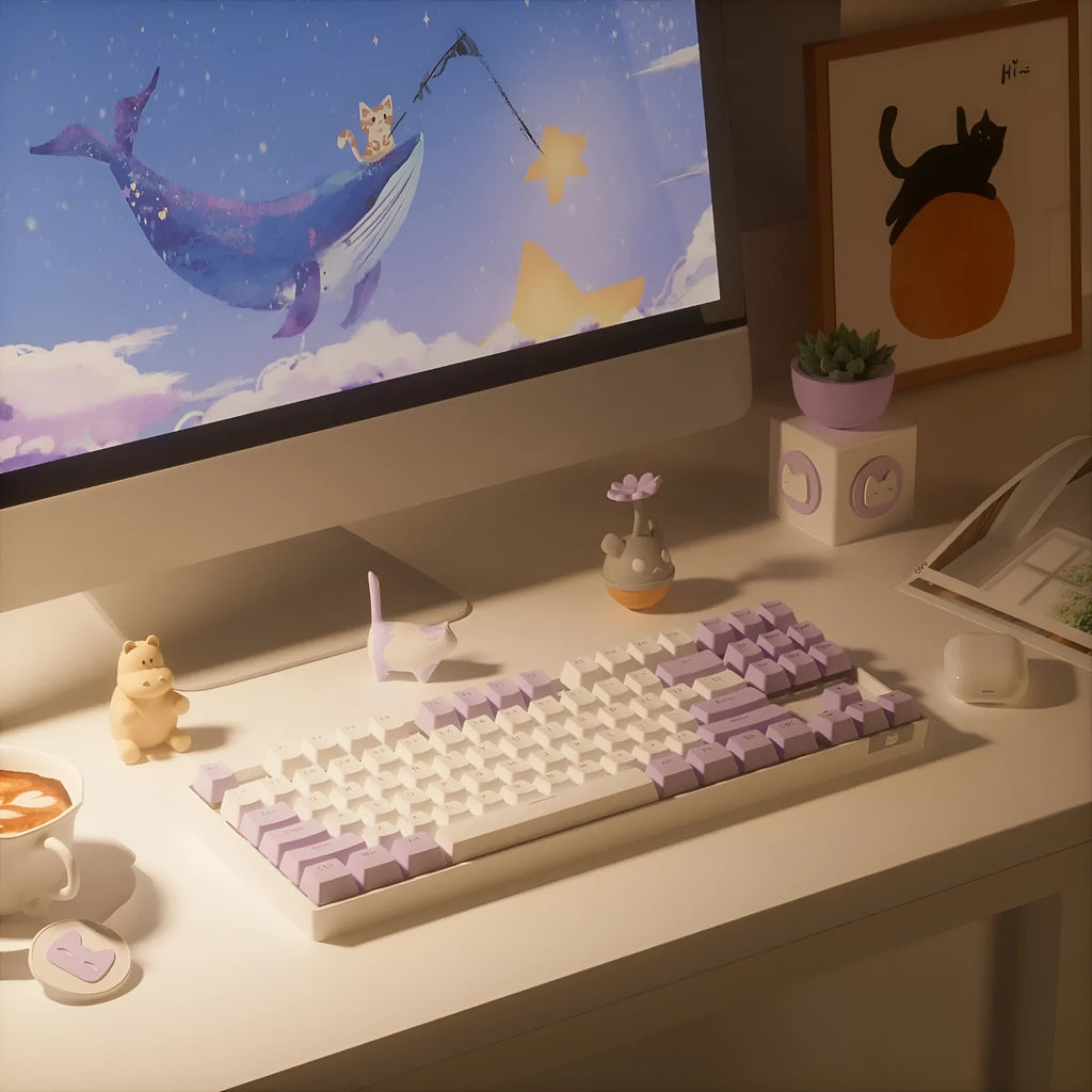 Wireless Bluetooth mechanical keyboard with metal construction in blue white or purple white colour options