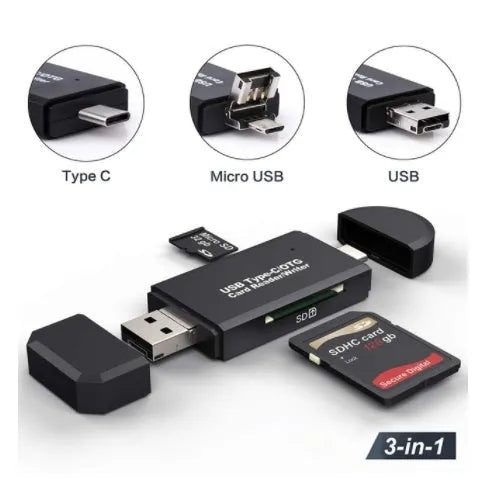 Black USB 3.0 card reader for SD and TF memory cards with Type-C interface