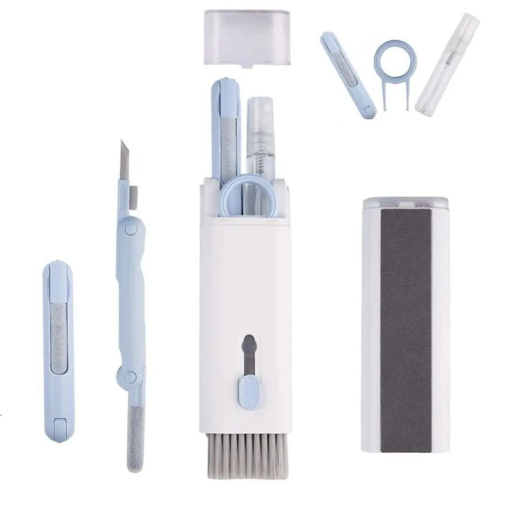 7-in-1 computer keyboard cleaner brush kit with earphone cleaning pen and keycap puller on blue background