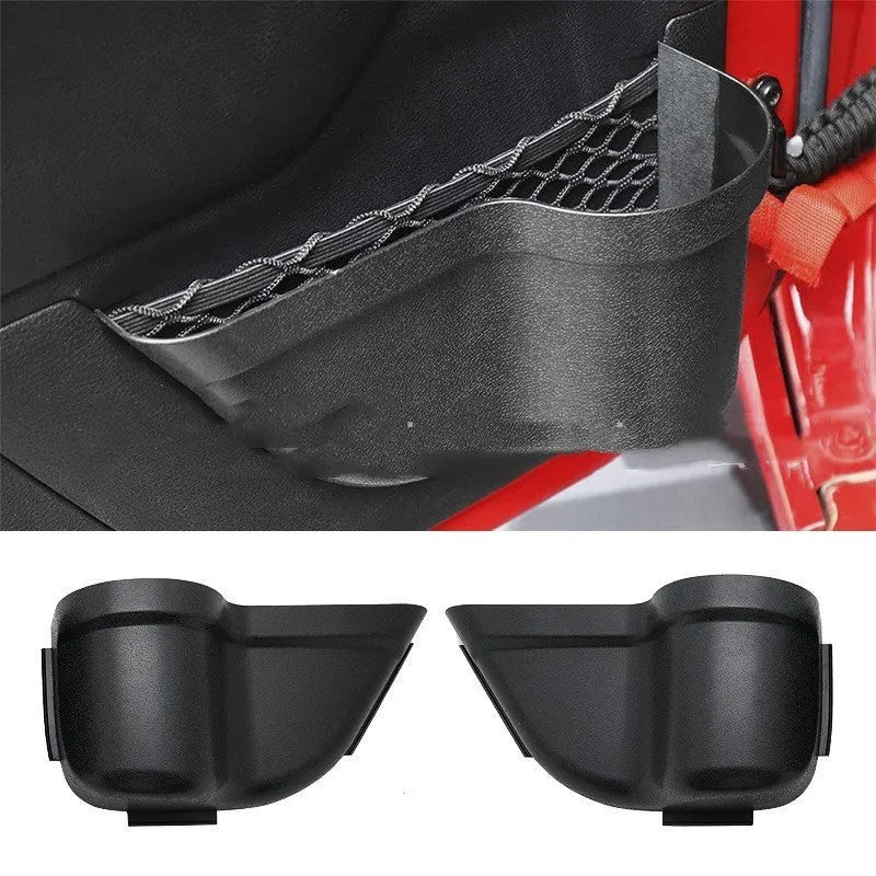 Black ABS door storage organiser for Jeep Wrangler JK and JL models mounted on vehicle interior door panel.