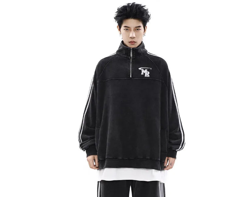 Black retro sports hoodie with stand collar and long sleeves