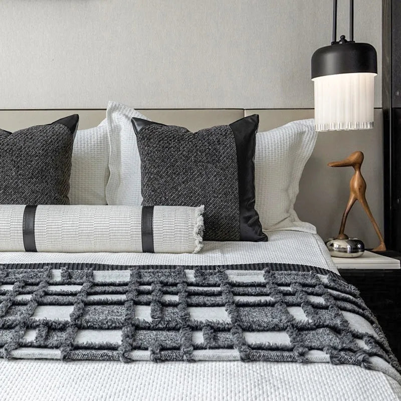 Modern grey and white plaid bed runner blanket set with pillow on 1.5m bed