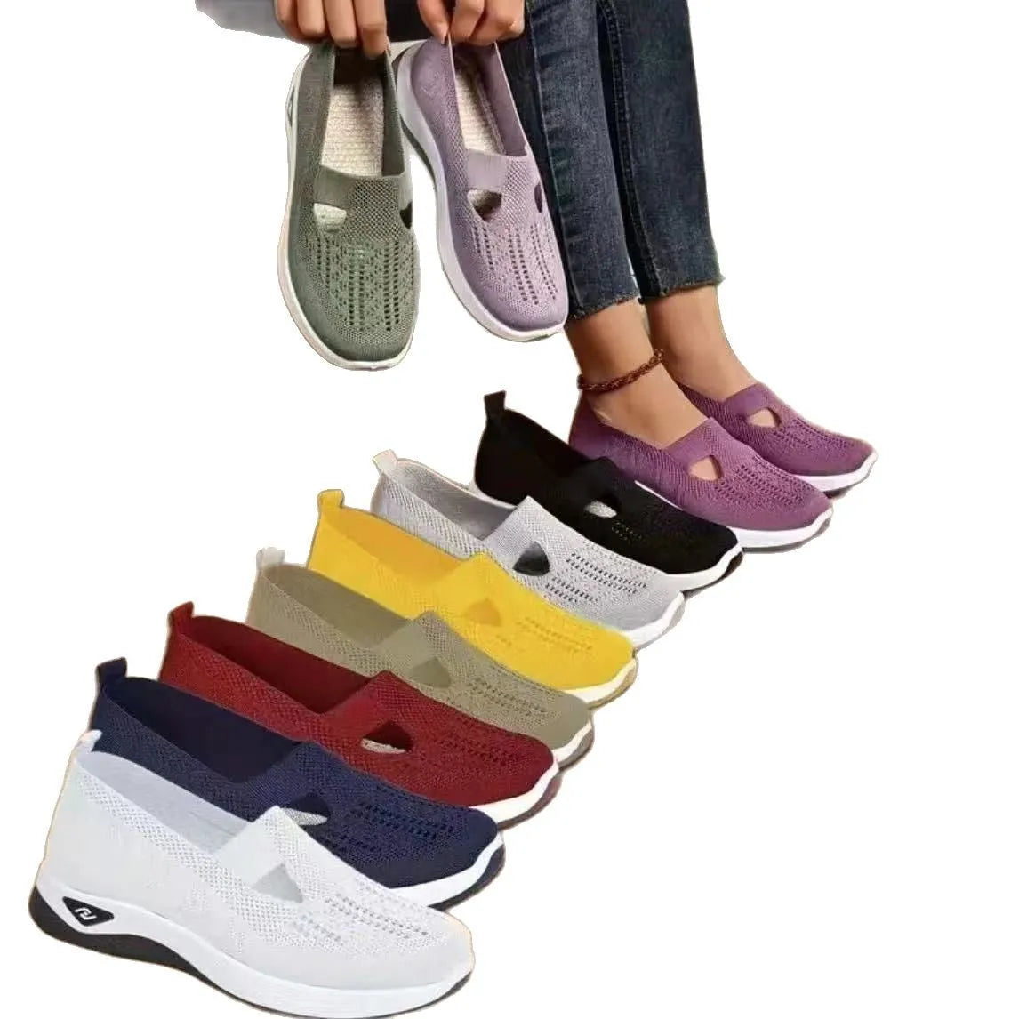 Women's casual T-strap mesh shoes with a round toe and flat heel in multiple colours.