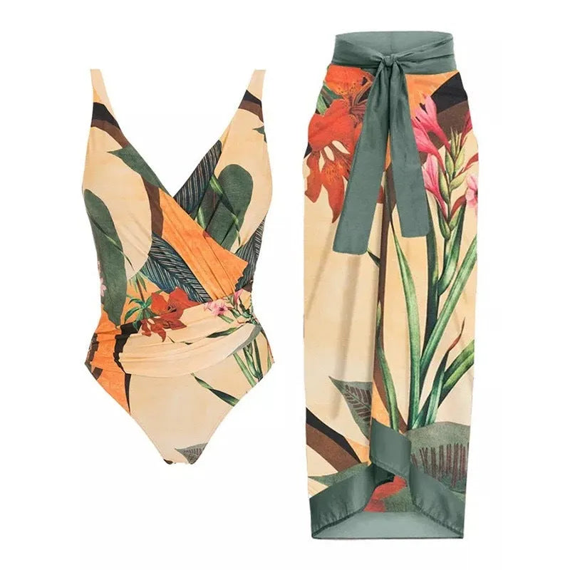 Women's solid colour one-piece swimsuit with spaghetti straps and a matching removable skirt.