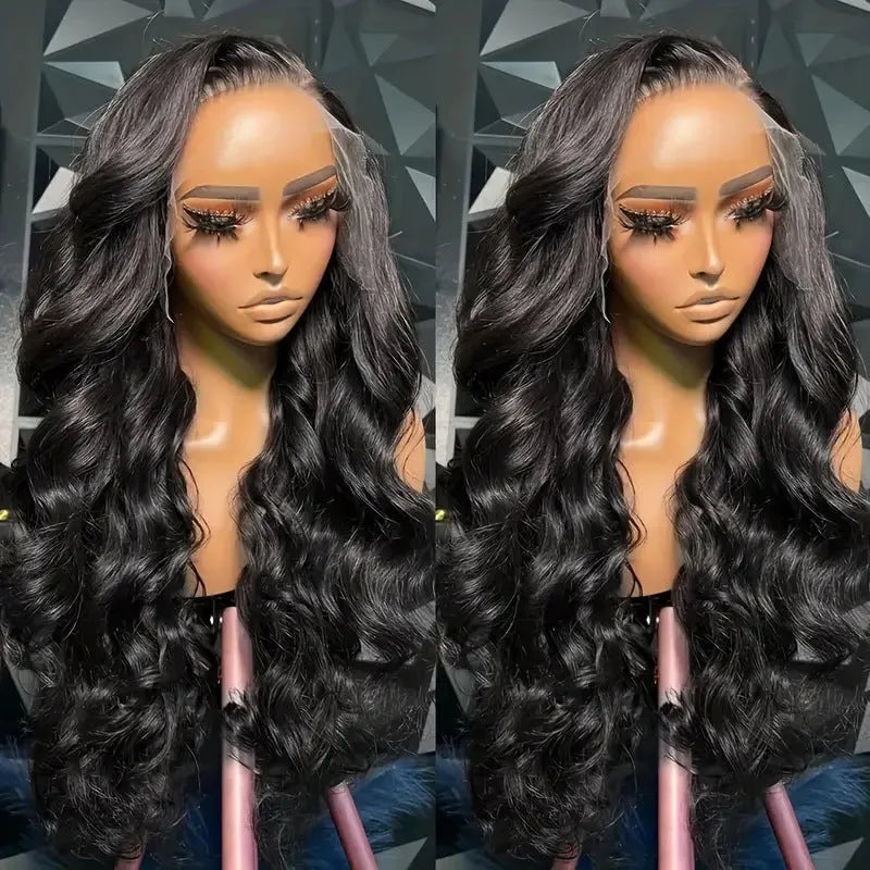 Black medium-length synthetic wig with natural wave curls on display stand