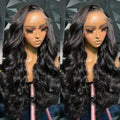 Black medium-length synthetic wig with natural wave curls on display stand