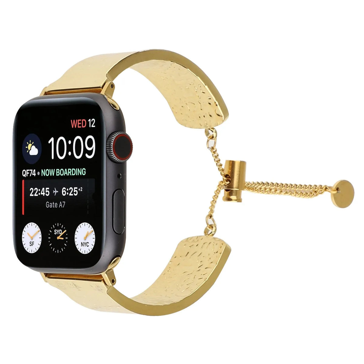 Metal embossed Apple Watch bracelet strap in gold, black, silver, and rose gold for 38/40/41mm and 42/44/45mm cases