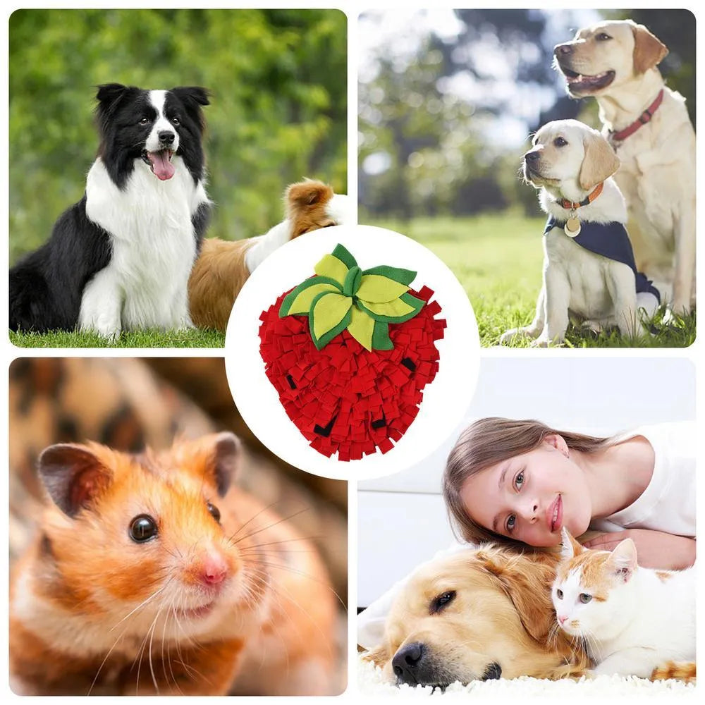 Red and green strawberry-shaped pet slow feeder mat with textured hiding spots
