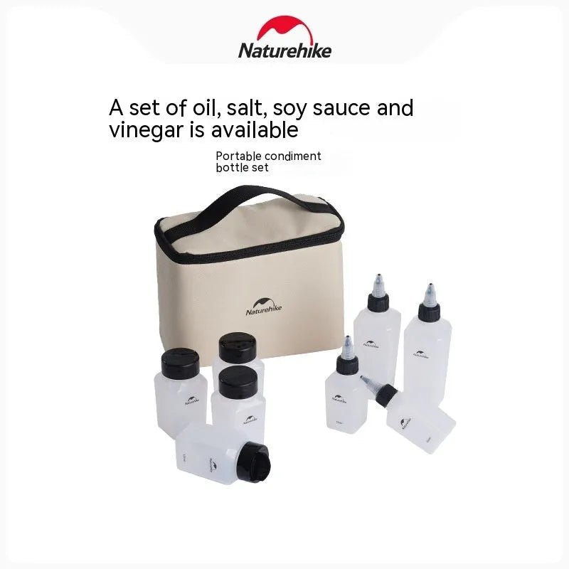 Naturehike six-piece portable plastic seasoning bottle set for outdoor cooking.