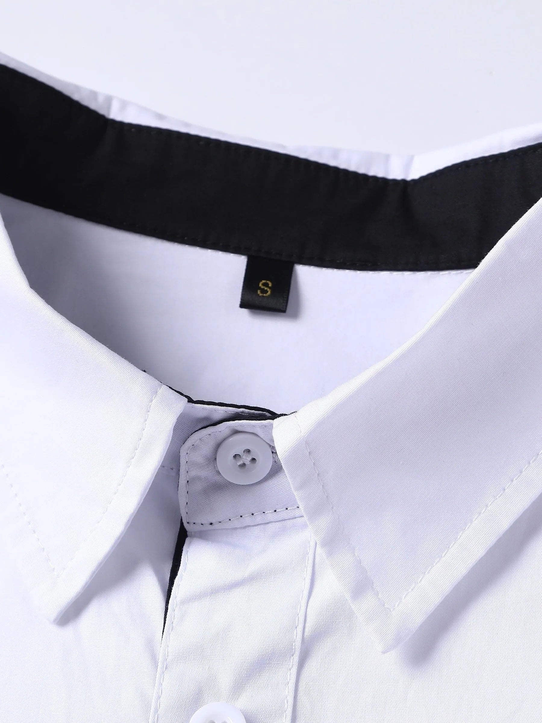 White long-sleeved shirt with black contrasting collar and cuffs for teenage men