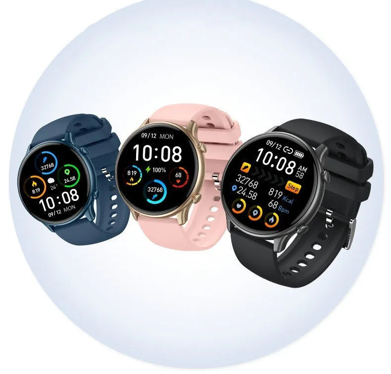 Round smart sports watch with touch screen display and silicone wrist strap for heart rate and sleep monitoring