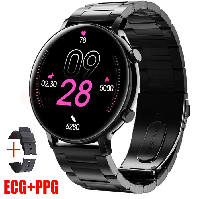 Bluetooth smartwatch with stainless steel strap on wrist, showing call and heart rate interface.