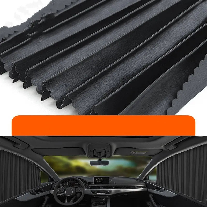Retractable car sunshade curtain in thick opaque cloth with roller shutter mechanism