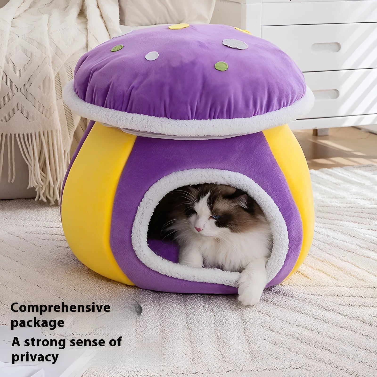 Mushroom-shaped plush cat nest bed in grey, pink or purple colours showing thermal texture