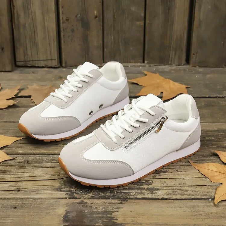 Women's flat-heeled casual shoes in grey, white or champagne with artificial PU upper and rubber sole