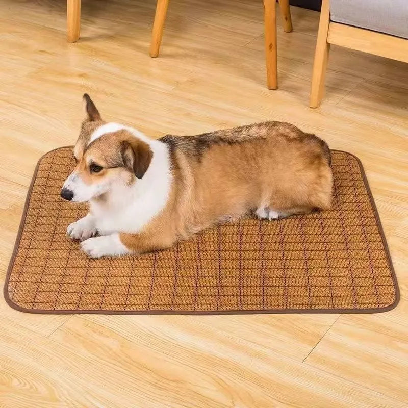 Brown woven rattan fibre cooling mat for dogs on a wooden floor.