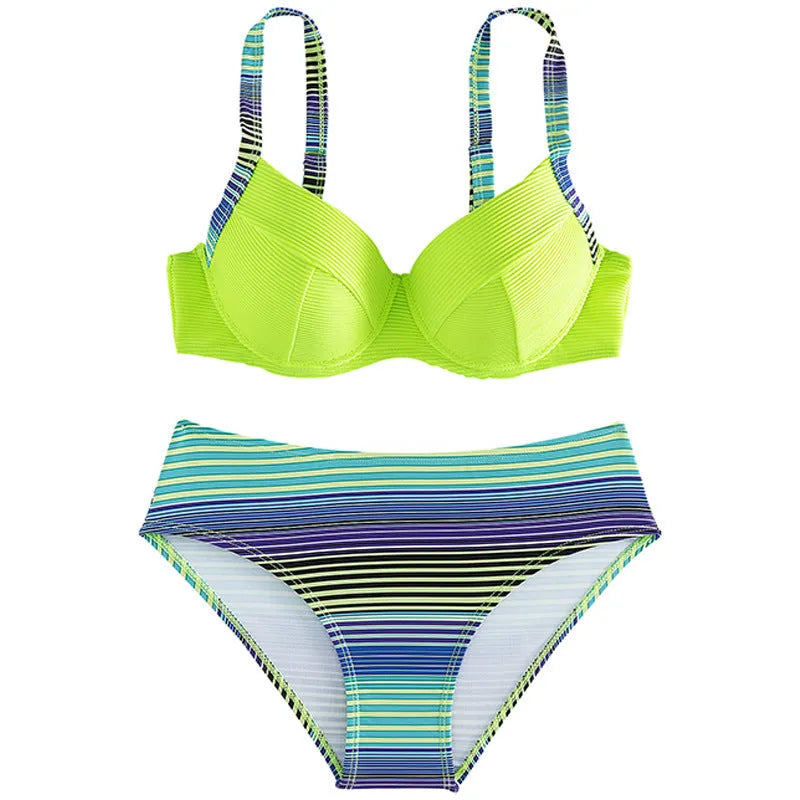Green women's halter neck bikini set with split briefs, shown as a two-piece swimwear.