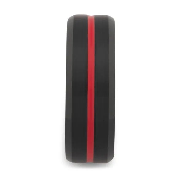 Fire stripe tungsten carbide ring with red and black inlay, sizes 5-17 including half sizes.