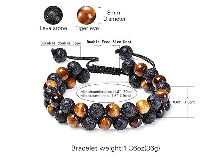 Matte black agate bead couple bracelets with a geometric design on a white background.