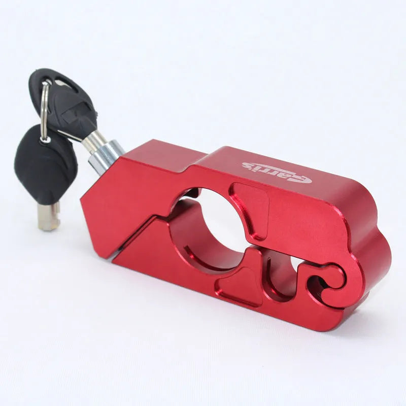 Motorcycle handlebar lock in CNC aluminium alloy, 14.7 cm long, shown in black with two wrenches