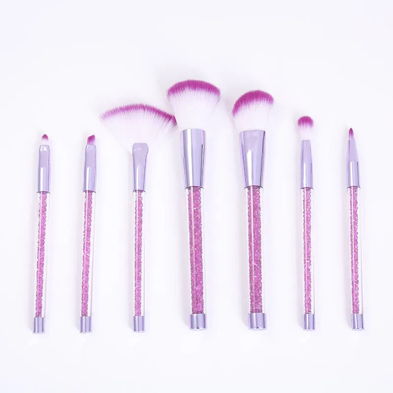 Seven-piece makeup brush set with rayon bristles, PU heads and 20cm long plastic handles in pink, blue and rose red