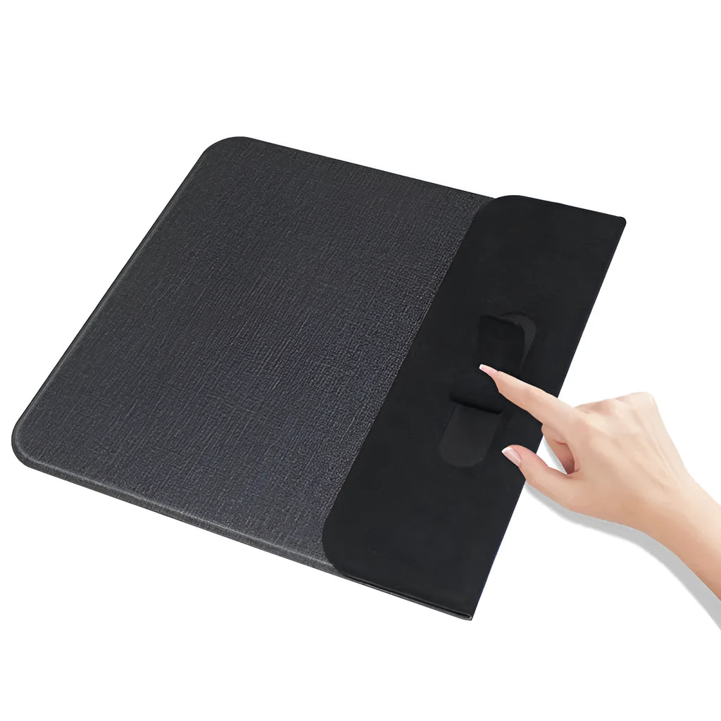 Foldable cloth wireless charging phone holder stand showing charging specs: 5W/10W, 8mm distance.