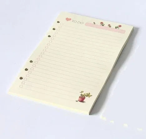 Colored A5 binder filler paper sheets in different styles including lined, grid, and weekly plan