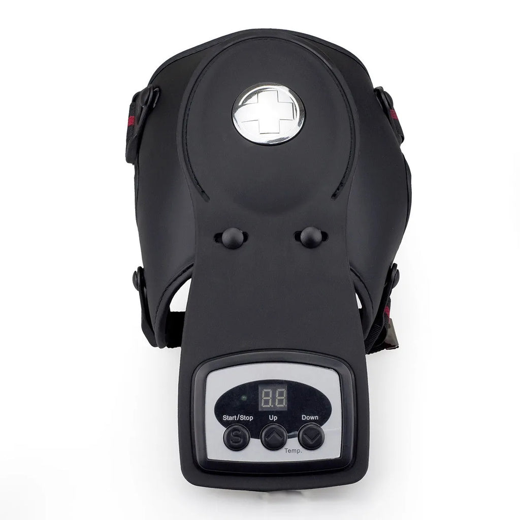 Infrared knee massager with adjustable temperature control showing knee pads and shoulder pads