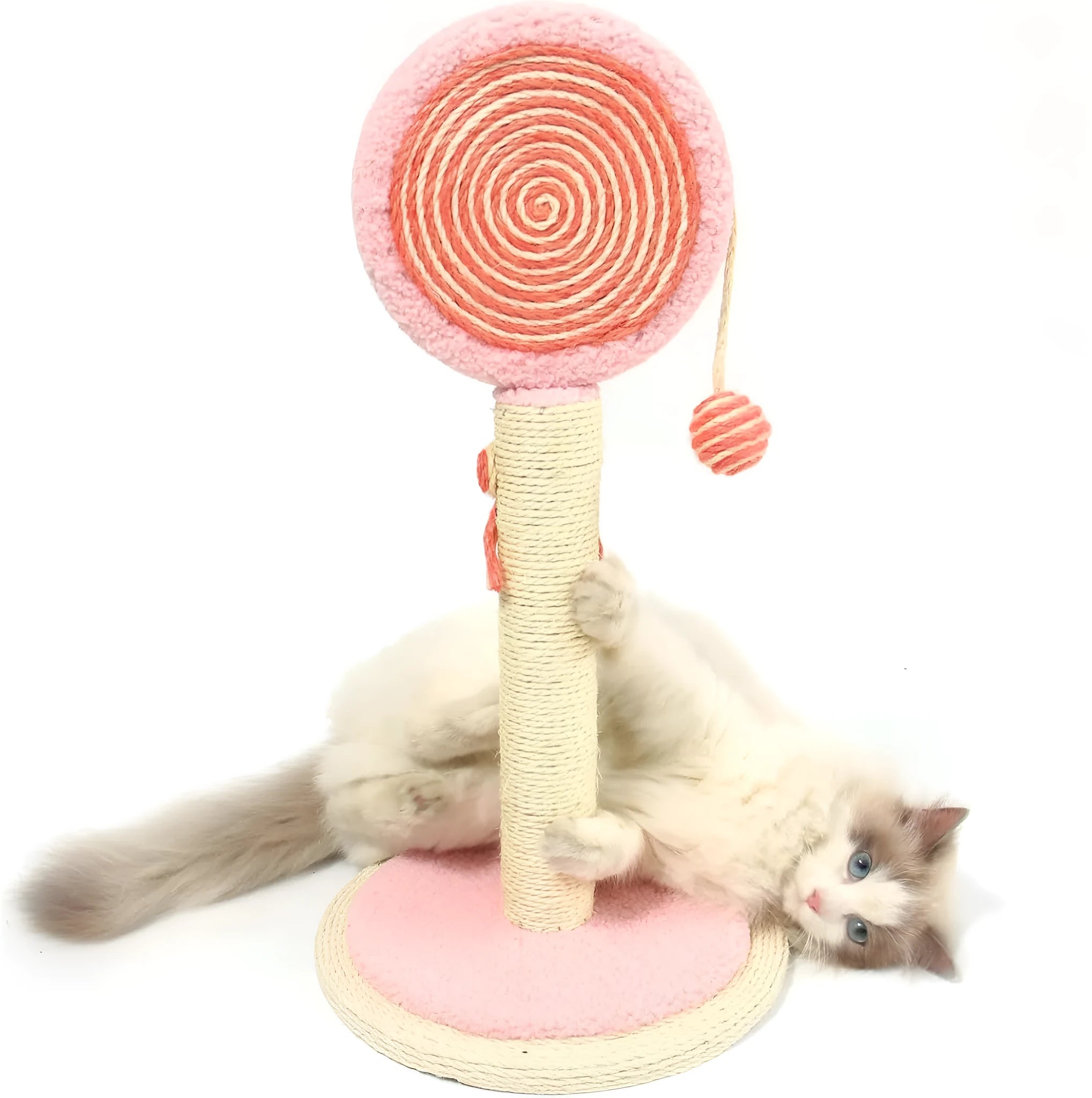 Blue cat scratching post with natural sisal rope and a hanging ball on a sturdy wooden base