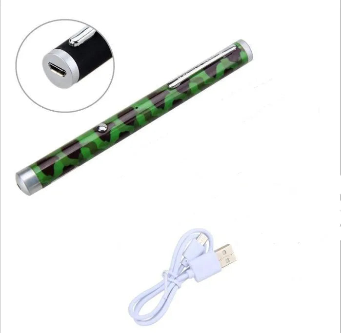 5mW green laser pointer pen in black, camouflage, and white colours showing pen-style design