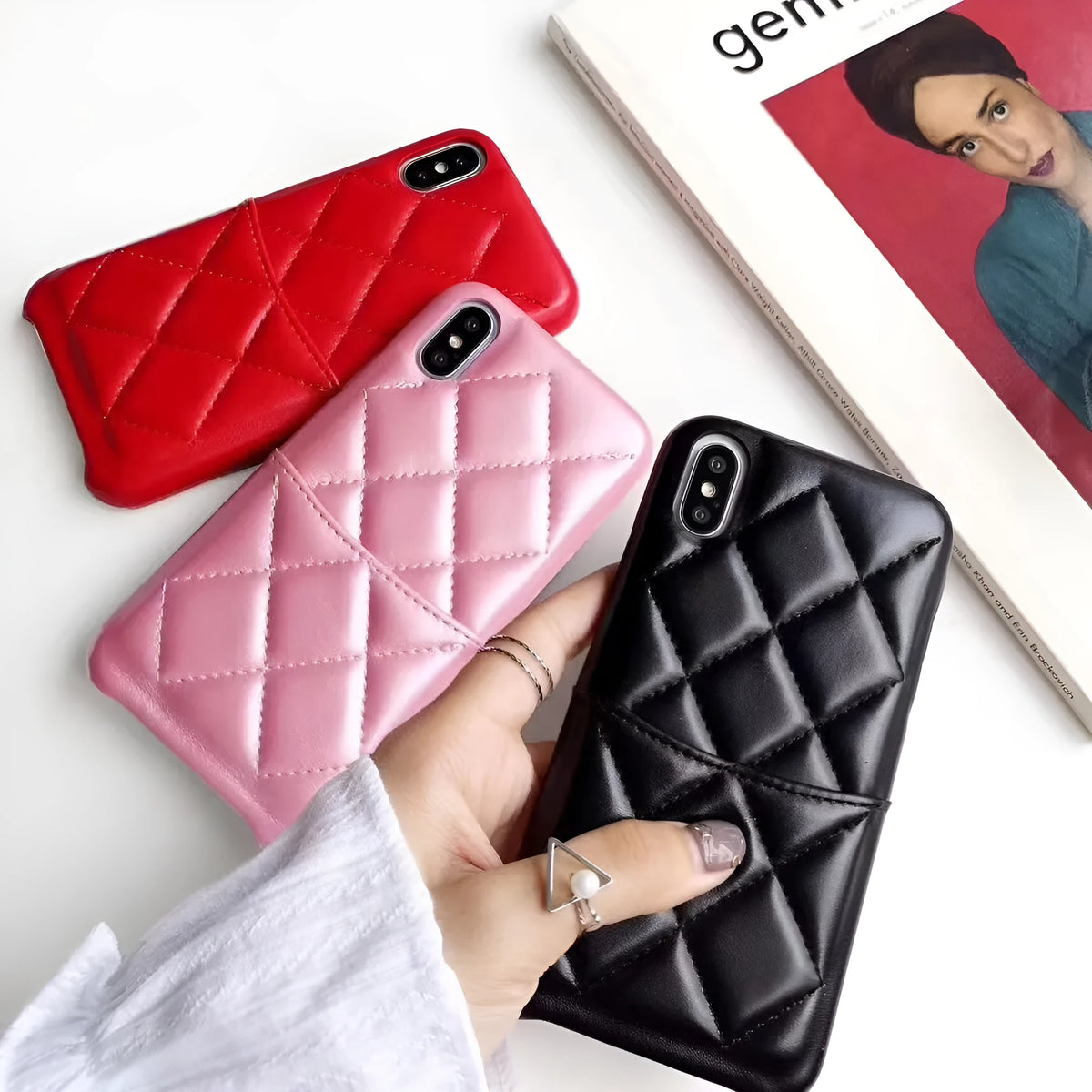 Leather iPhone case shown in black, compatible with iPhone XS Max and other models.