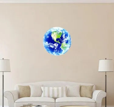 Glow in the dark 3D planet Earth wall sticker in multiple sizes on a bedroom wall.