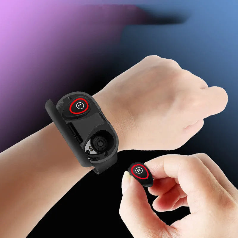 Black smart bracelet earphone combo with 1 inch screen and silicone wristband on a wrist