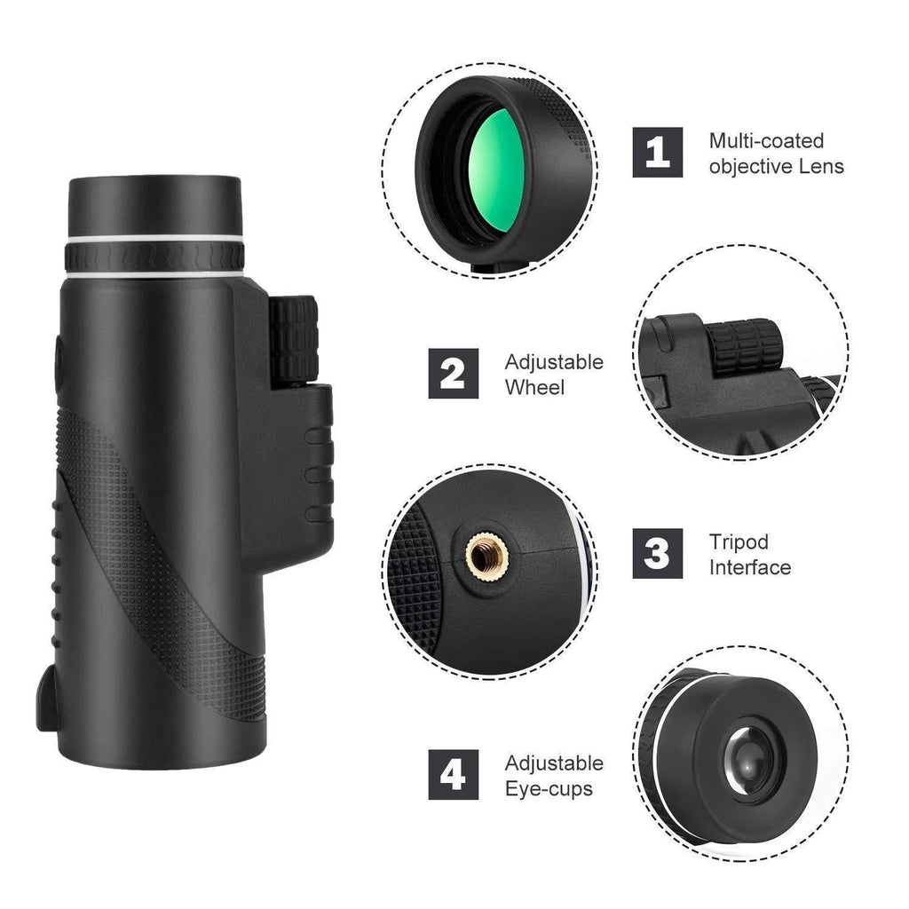 Black HD 40x60 monocular telescope for mobile phone attachment with 40x magnification