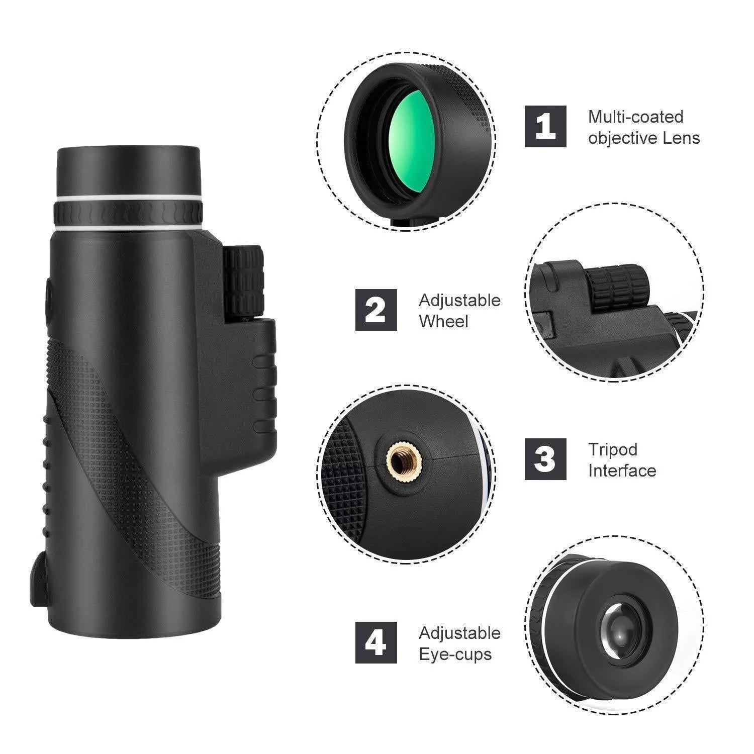 Black HD 40x60 monocular telescope for mobile phone attachment with 40x magnification