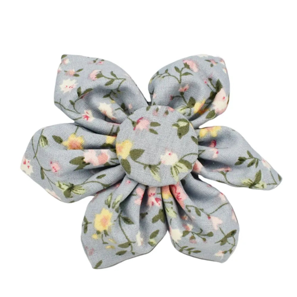 Blue floral polyester cotton dog collar set with matching leash, bow, vest and accessories