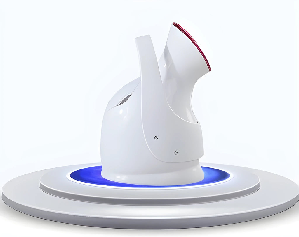 White handheld humidifying steaming machine, 280W, 220V-50HZ, 143x105x225mm, with 40°C mist output and plug options.