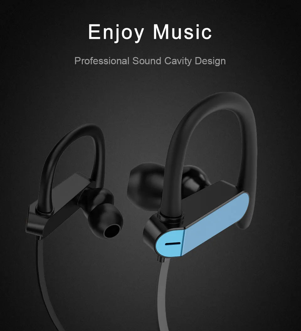 Black and blue sport earbuds with over-ear hooks and silicone tips shown next to a phone
