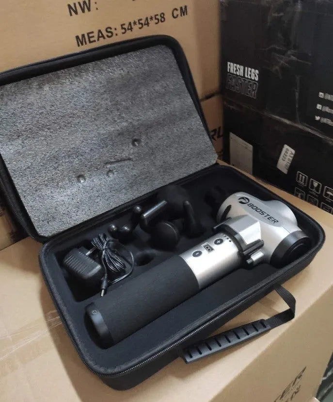Black and white muscle massage gun with a deep stroke for tissue relief.