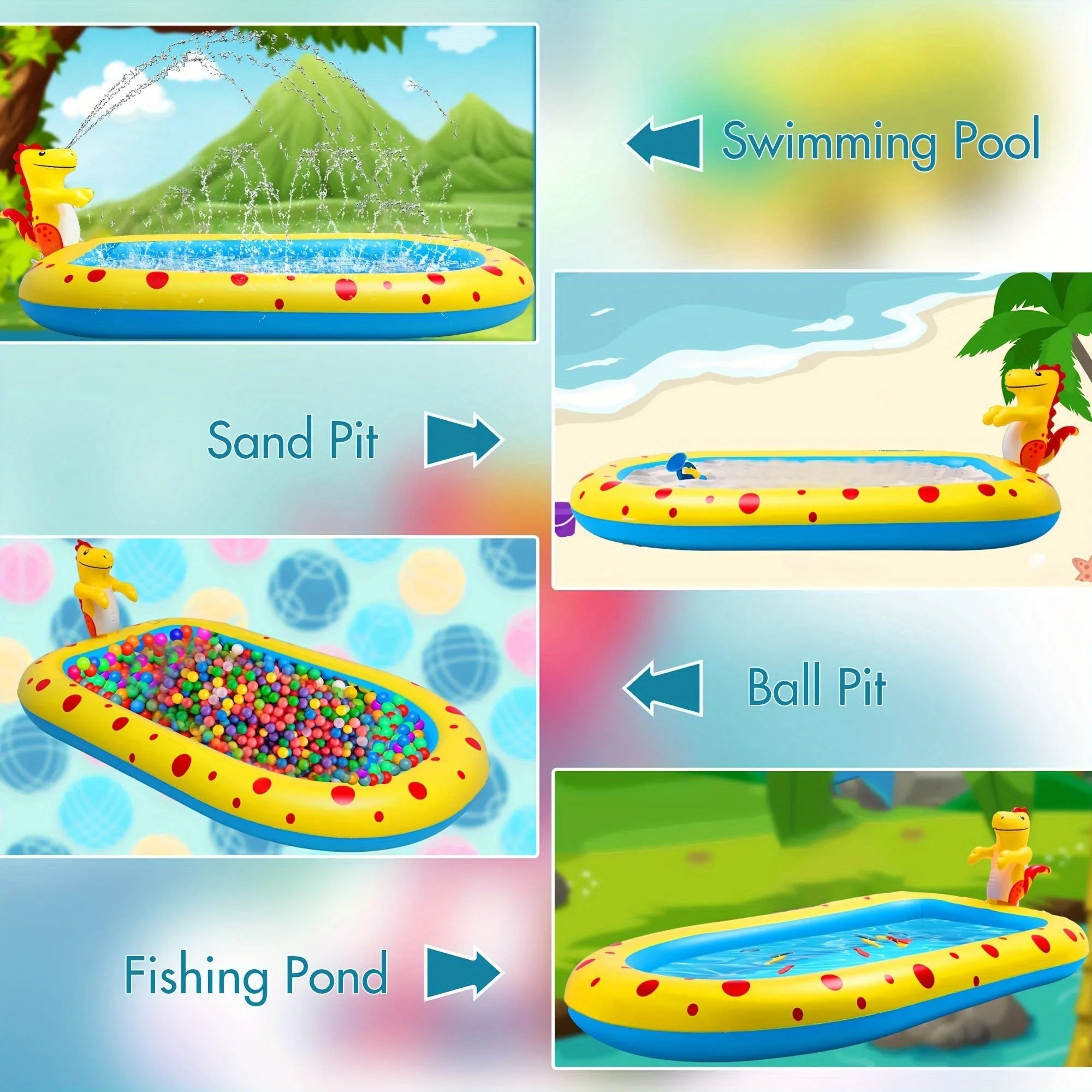Blue dinosaur water spray play mat with inflatable shark pool for children's outdoor water games