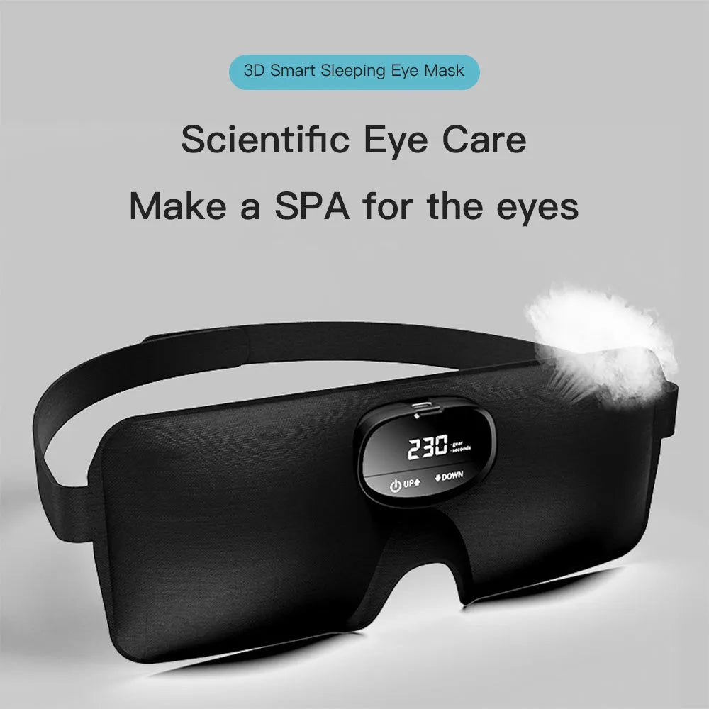 Black EMS smart sleep eye mask, USB rechargeable, 245mm x 95mm x 20mm, polyester ABS silicone