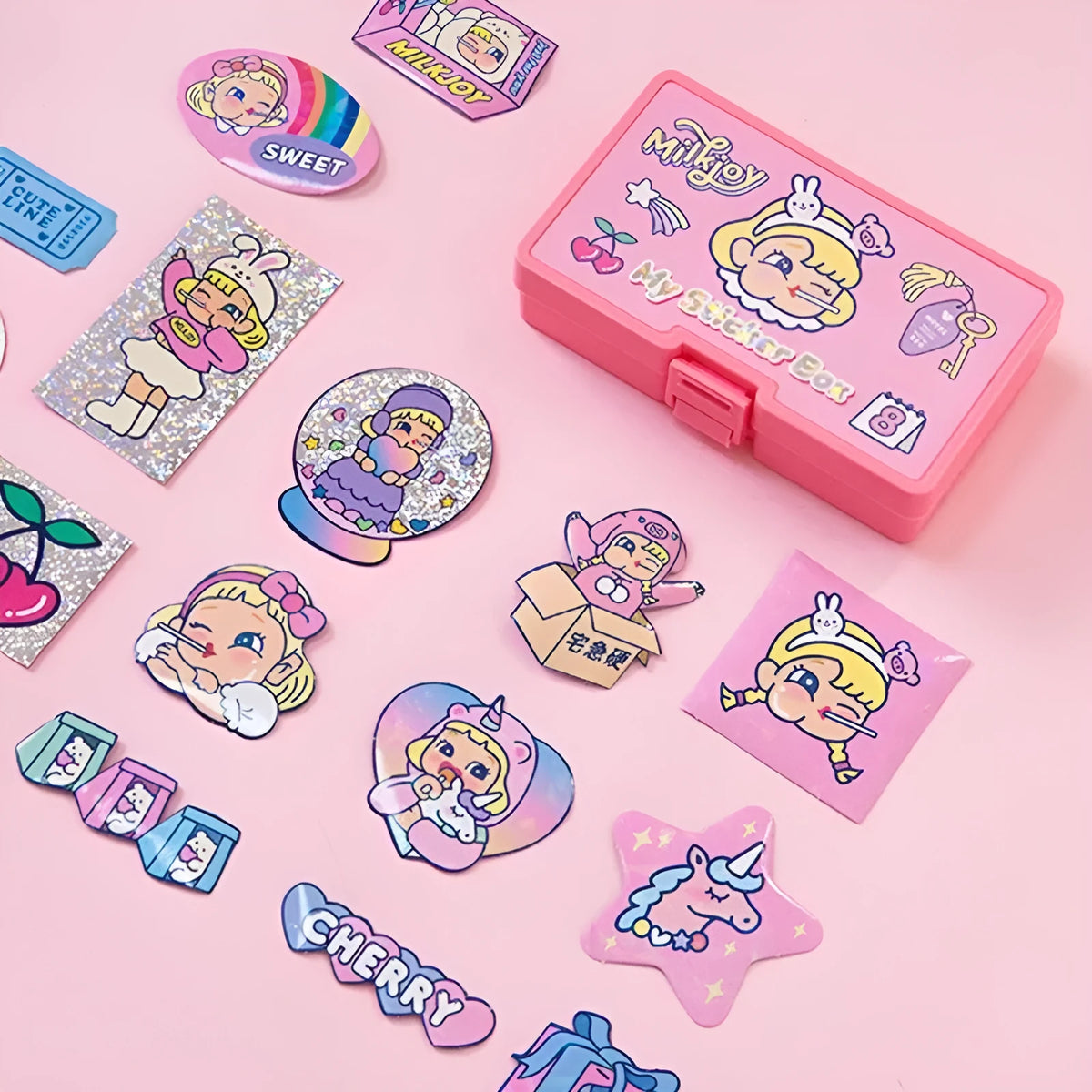 Cute cartoon girl sticker set with 16 square PVC stickers and a storage box, Korean ins style for DIY decoration