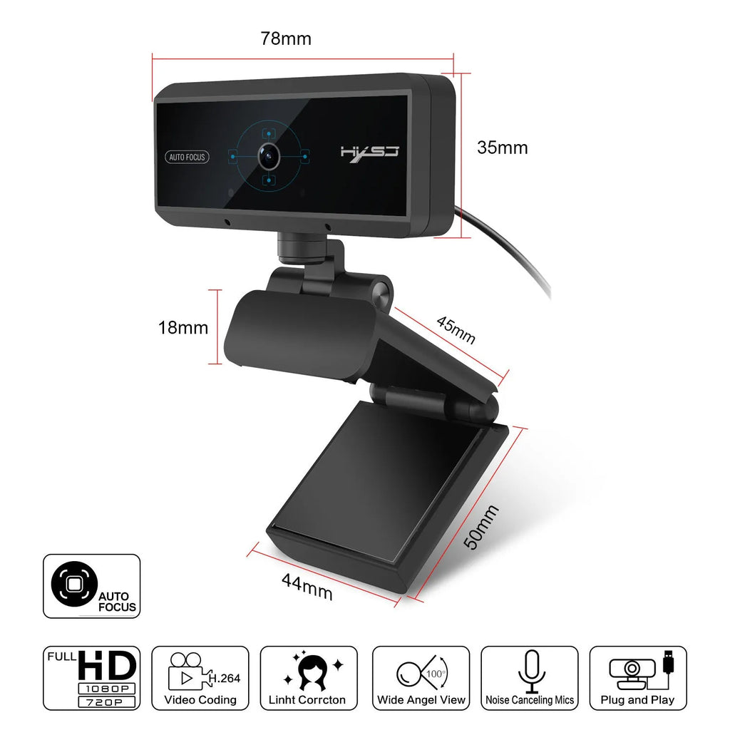 Desktop HD webcam with autofocus in black, with 1.7m USB cable